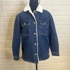 Old Navy Woman's Sherpa Lined Denim Jacket‎ Sz XS Dark Wash Fuzzy Pockets Cotton